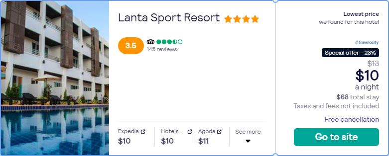 Stay at the 4* Lanta Sport Resort in Krabi, Thailand for only $10 USD per night. Flight deal ticket image.