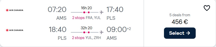 Cheap flights from Amsterdam, Netherlands to Turks and Caicos for only €456 roundtrip with Lufthansa, Air Canada and Swiss International Air Lines. Flight deal ticket image.