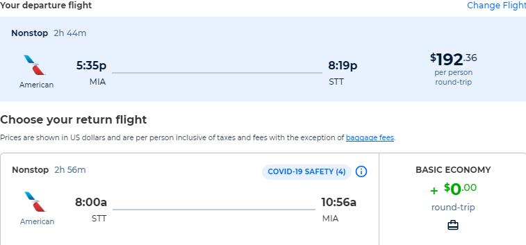 Click here to book this cheap flight deal. Non-stop flights from Miami or New York to the US Virgin Islands from only $192 roundtrip with American Airlines. Flight deal ticket image.