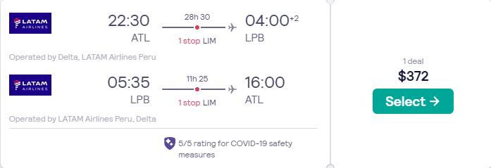 Click here to book this cheap flight deal. Cheap flights from Atlanta to La Paz, Bolivia for only $372 roundtrip with Delta Air Lines and LATAM Airlines. Flight deal ticket image.
