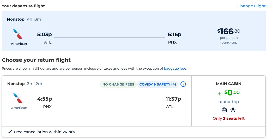 Non-stop flights from Atlanta to Phoenix, Arizona for only $166 roundtrip with American Airlines. Also works in reverse. Flight deal ticket image.
