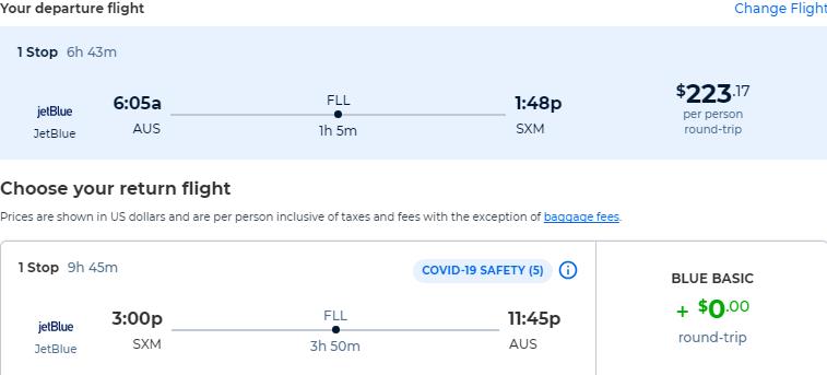 Cheap flights from Austin, Texas to St. Martin for only $223 roundtrip with JetBlue. Flight deal ticket image.