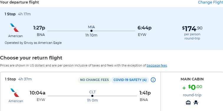 Cheap flights from Nashville to Key West, Florida for only $174 roundtrip with American Airlines. Also works in reverse. Flight deal ticket image.