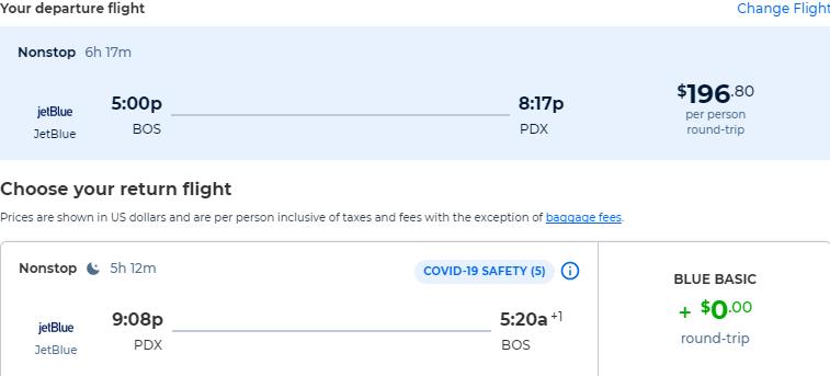 Non-stop flights from Boston to Portland, Oregon for only $196 roundtrip with JetBlue. Also works in reverse. Flight deal ticket image.