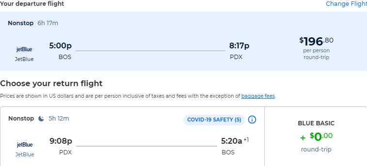 Click here to book this cheap flight deal. Non-stop flights from Boston to Portland, Oregon for only $196 roundtrip with JetBlue. Also works in reverse. Flight deal ticket image.