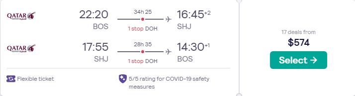 Cheap flights from Boston to Sharjah, UAE for only $574 roundtrip with Qatar Airways. Flight deal ticket image.
