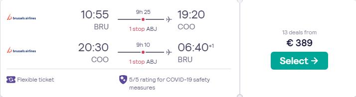 Cheap flights from Brussels, Belgium to Cotonou, Benin for only €389 roundtrip with Brussels Airlines. Flight deal ticket image.