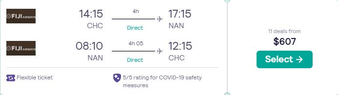 Non-stop flights from Christchurch, New Zealand to Fiji for only $607 NZD roundtrip with Fiji Airways. Flight deal ticket image.
