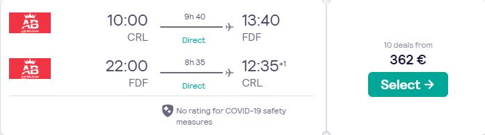 Non-stop flights from Brussels, Belgium to Martinique for only €362 roundtrip. Flight deal ticket image.