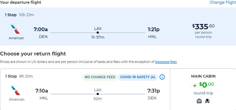 Cheap flights from Denver, Colorado to Honolulu, Hawaii for only $335 roundtrip with American Airlines. Also works in reverse. Flight deal ticket image.