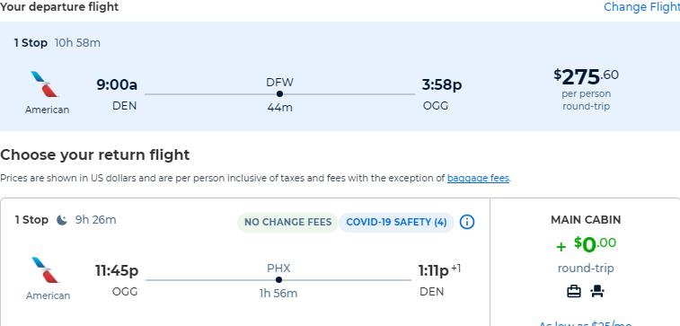 Cheap flights from Denver, Colorado to Kahului, Hawaii for only $275 roundtrip with American Airlines. Also works in reverse. Flight deal ticket image.