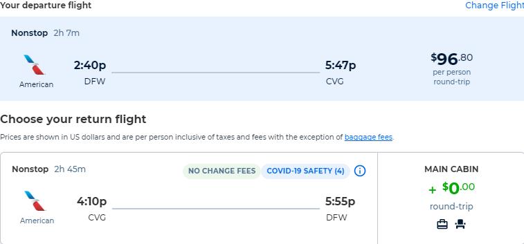 Non-stop flights from Dallas, Texas to Cincinnati, Ohio for only $96 roundtrip with American Airlines. Also works in reverse. Flight deal ticket image.