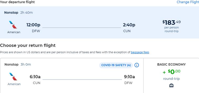 Non-stop flights from Dallas, Texas to Mexican cities from only $183 roundtrip with American Airlines. Flight deal ticket image.