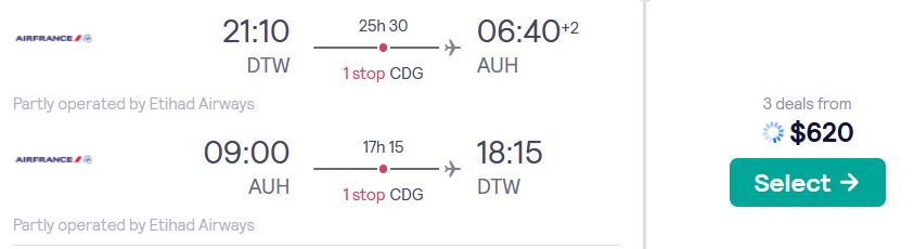 Cheap flights from Detroit to Abu Dhabi, UAE for only $620 roundtrip with Delta Air Lines, Etihad Airways and Air France. Flight deal ticket image.