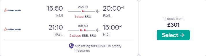 Click here to book this cheap flight deal. Cheap flights from Edinburgh, Scotland to Kigali, Rwanda for only £301 roundtrip with Brussels Airlines. Flight deal ticket image.