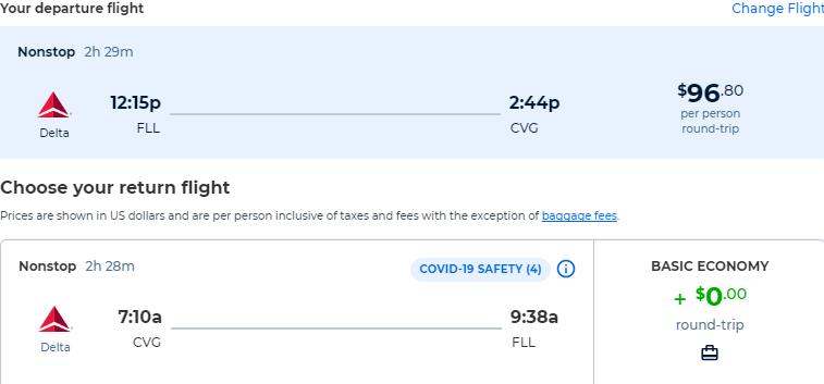 Click here to book this cheap flight deal. Non-stop flights from Fort Lauderdale to Cincinnati, Ohio for only $96 roundtrip with Delta Air Lines. Also works in reverse. Flight deal ticket image.
