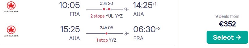Click here to book this cheap flight deal. Cheap flights from German cities to Aruba from only €352 roundtrip with Air Canada. Flight deal ticket image.