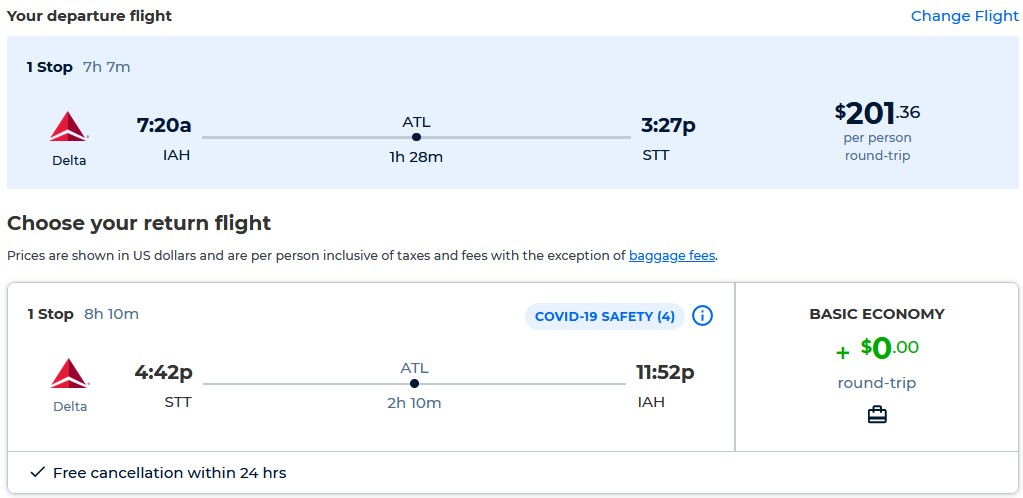 Cheap flights from Denver or Houston to the US Virgin Islands for only $201 roundtrip with Delta Air Lines. Flight deal ticket image.