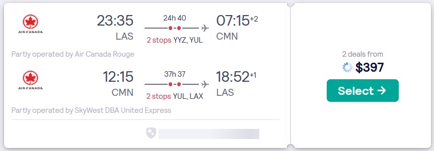 Click here to book this cheap flight deal. Cheap flights from US cities to Casablanca, Morocco from only $397 roundtrip with Air Canada and United Airlines. Flight deal ticket image.