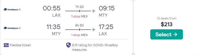 Cheap flights from US cities to Monterrey, Mexico from only $213 roundtrip with Aeromexico. Flight deal ticket image.