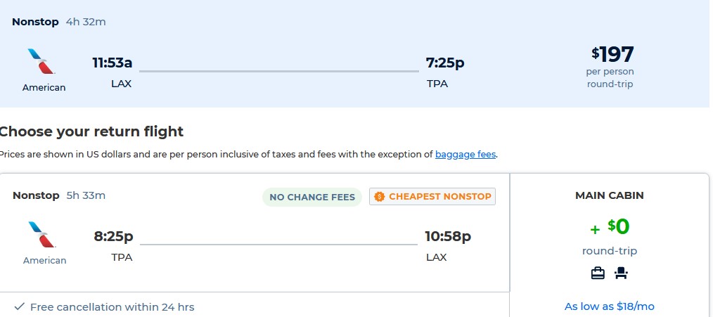 Non-stop flights from Los Angeles to Tampa, Florida for only $197 roundtrip with American Airlines. Also works in reverse. Flight deal ticket image.