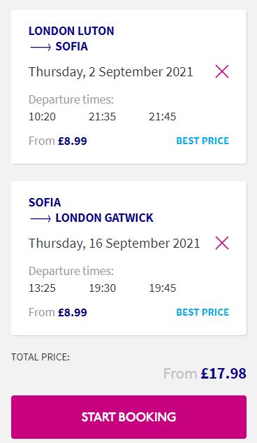 Non-stop flights from London, UK to Sofia, Bulgaria for only £17 roundtrip. Flight deal ticket image.