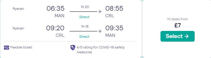 Non-stop flights from Manchester, UK to Brussels, Belgium for only £7 roundtrip. Flight deal ticket image.