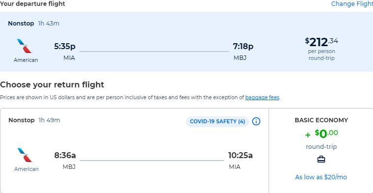 Non-stop flights from Miami or New York to Montego Bay, Jamaica from only $212 roundtrip with American Airlines. Flight deal ticket image.