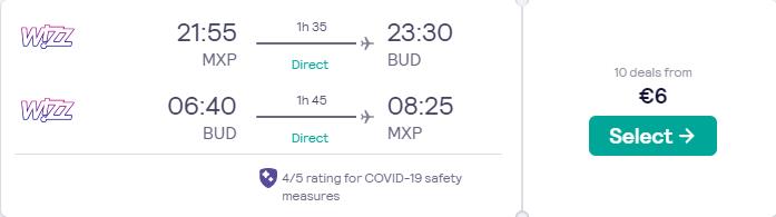 Non-stop flights from Milan, Italy to Budapest, Hungary for only €6 roundtrip. Flight deal ticket image.