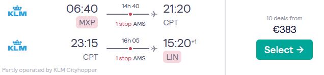 Cheap flights from Milan, Italy to Cape Town, South Africa for only €383 roundtrip with KLM. Flight deal ticket image.