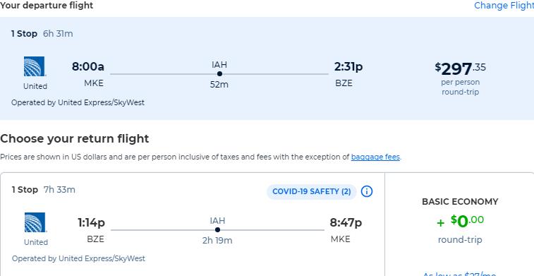 Cheap flights from Milwaukee to Belize City, Belize for only $297 roundtrip with United Airlines. Flight deal ticket image.