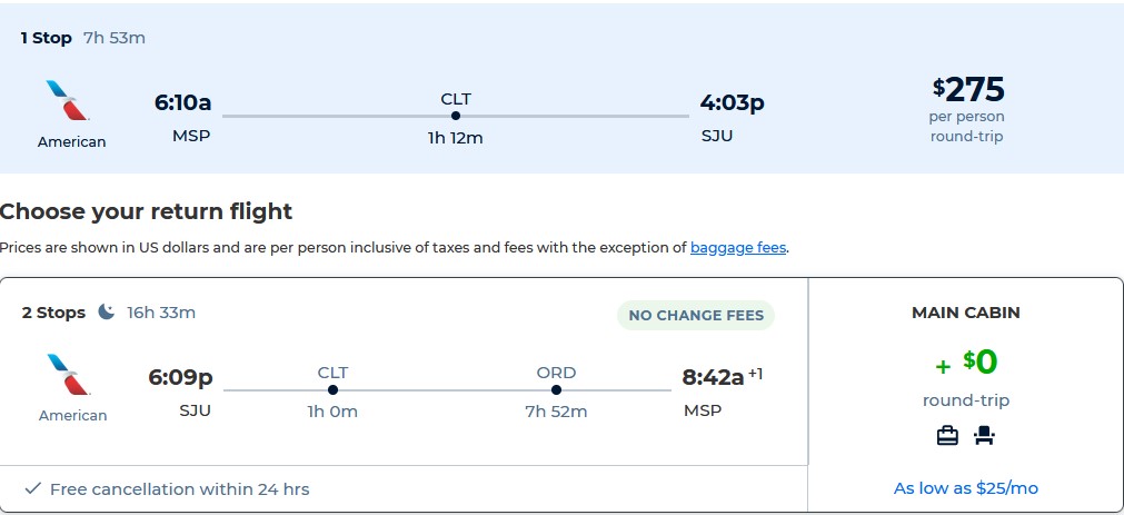 Cheap flights from Minneapolis to San Juan, Puerto Rico for only $275 roundtrip with American Airlines. Flight deal ticket image.