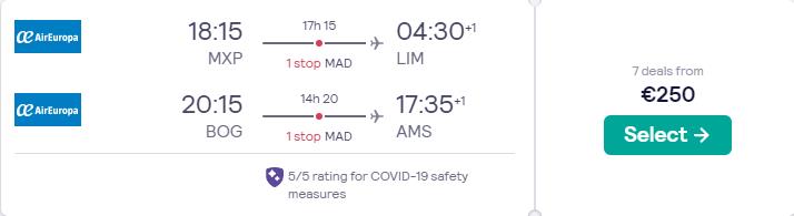 Double open-jaw flights from Milan, Italy to Lima, Peru returning from Bogota, Colombia to Amsterdam, Netherlands for only €249 with Air Europa. Flight deal ticket image.