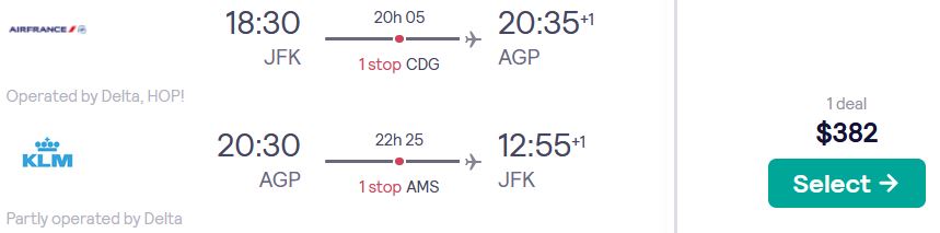 Cheap flights from US cities to Malaga, Spain from only $382 roundtrip with KLM and Delta Air Lines. Flight deal ticket image.