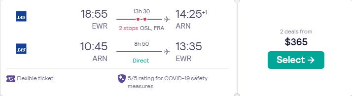 Chep flights from New York or Boston to Stockholm, Sweden from only $365 roundtrip with SAS. Flight deal ticket image.