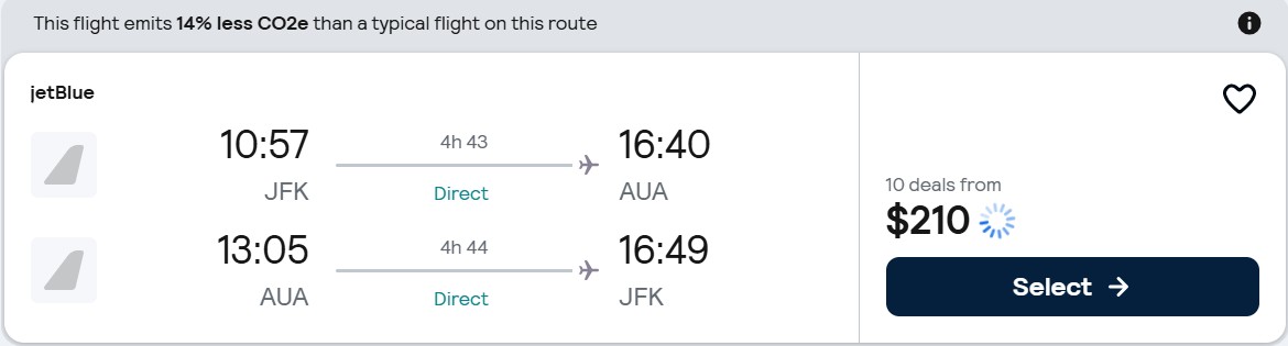 Non-stop flights from New York to Aruba for only $210 roundtrip with JetBlue. Flight deal ticket image.