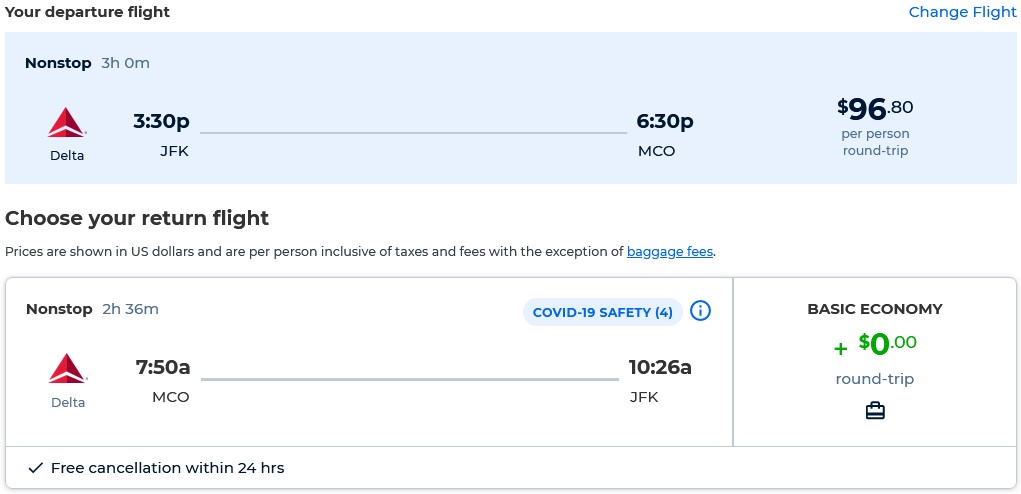 Non-stop flights from New York to Orlando, Florida for only $96 roundtrip with Delta Air Lines. Also works in reverse. Flight deal ticket image.