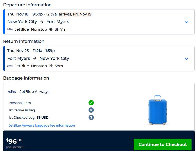 Nonstop from New York to Fort Myers, Florida (& vice versa) for only