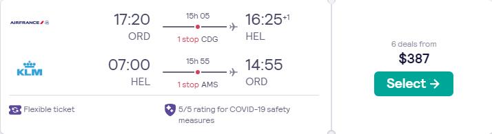 Christmas and New Year flights from Chicago to Helsinki, Finland for only $387 roundtrip with Air France and KLM. Flight deal ticket image.