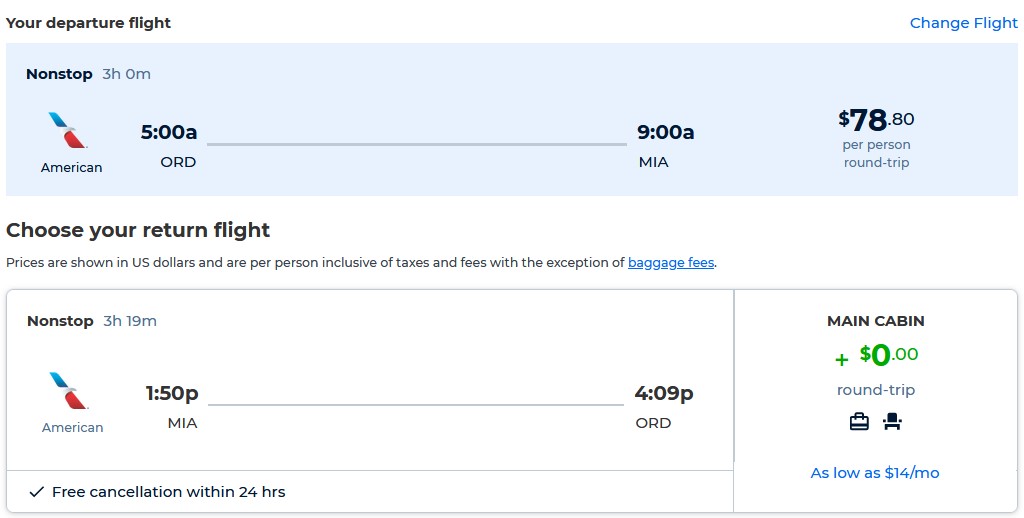 Non-stop flights from Chicago to Miami for only $78 roundtrip with American Airlines. Also works in reverse. Flight deal ticket image.