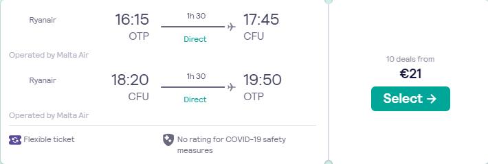 Non-stop flights from Bucharest, Romania to the Greek island of Corfu for only €21 roundtrip. Flight deal ticket image.