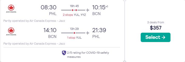 Cheap flights from Philadelphia to Barcelona, Spain for only $357 roundtrip with Air Canada. Flight deal ticket image.