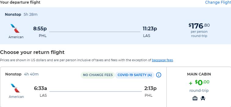 Non-stop flights from Philadelphia to Las Vegas for only $176 roundtrip with American Airlines. Also works in reverse. Flight deal ticket image.