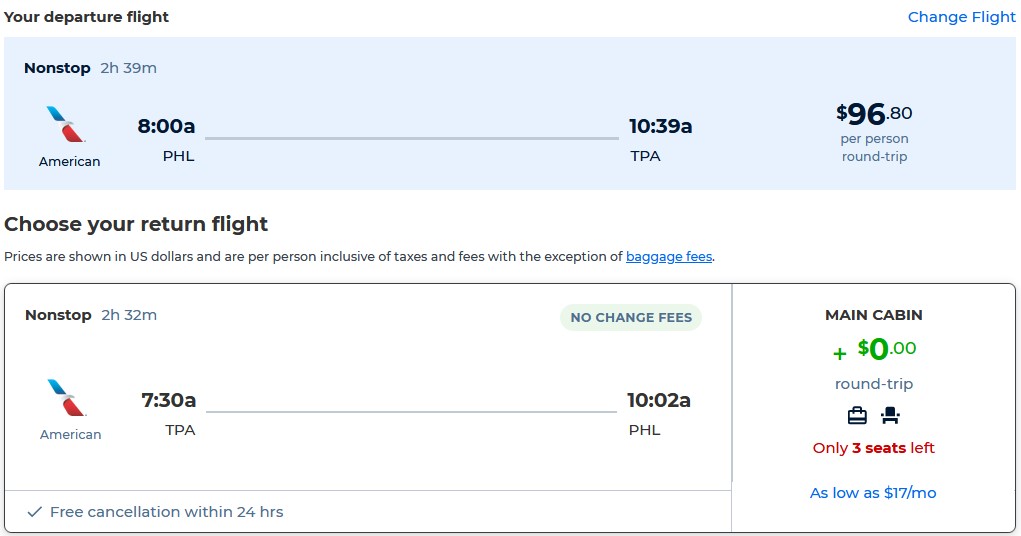 Non-stop flights from Philadelphia to Tampa, Florida for only $96 roundtrip with American Airlines. Also works in reverse. Flight deal ticket image.