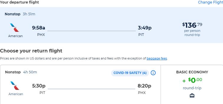 Non-stop flights from Phoenix, Arizona to Pittsburgh for only $136 roundtrip with American Airlines. Also works in reverse. Flight deal ticket image.