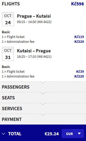 Non-stop flights from Prague, Czech Republic to Kutaisi, Georgia for only €25 roundtrip. Flight deal ticket image.