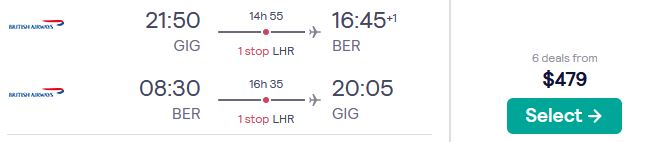 Cheap flights from Rio de Janeiro, Brazil to Berlin, Germany for only $479 USD roundtrip with British Airways. Flight deal ticket image.