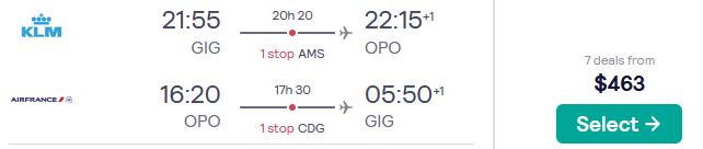 Cheap flights from Rio de Janeiro, Brazil to Porto, Portugal for only $463 USD roundtrip with KLM and Air France. Flight deal ticket image.