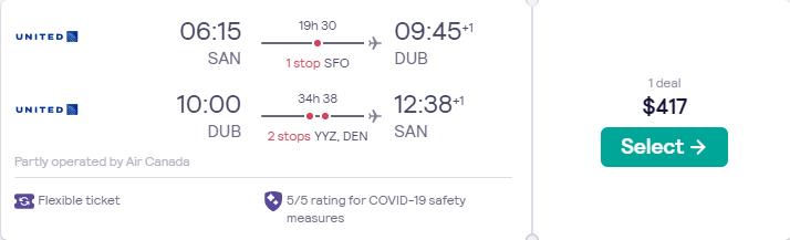 Cheap flights from San Diego or Las Vegas to Dublin, Ireland from only $417 roundtrip with United Airlines and Air Canada. Flight deal ticket image.
