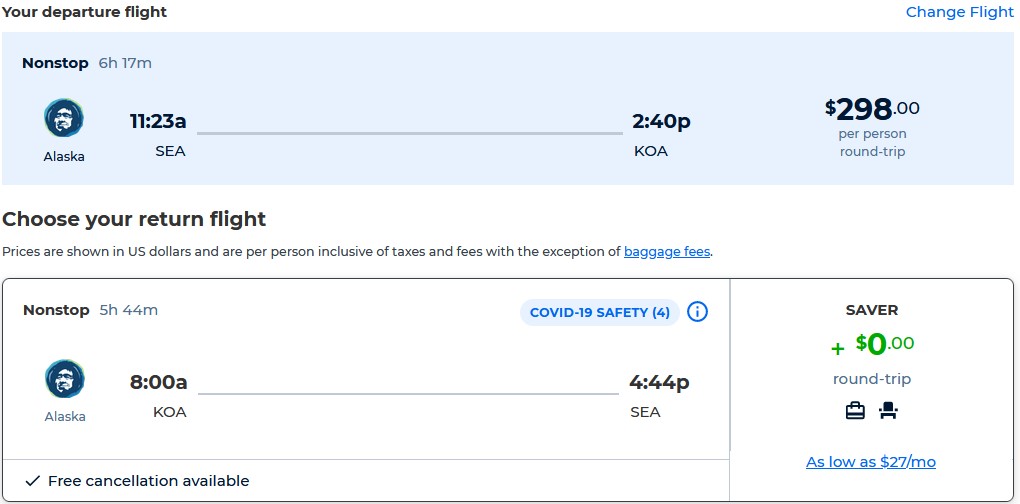 Non-stop, summer flights from Seattle to Kona, Hawaii for only $298 roundtrip with Alaska Airlines. Also works in reverse. Flight deal ticket image.